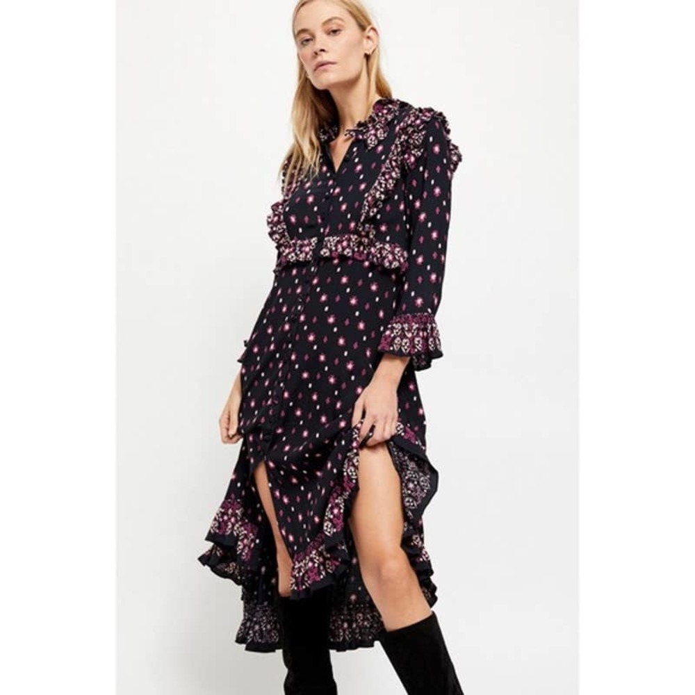 Free People Calico Skies Ruffle Button Midi Dress